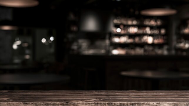 Dark luxury bar interior with a softly blurred lounge background and empty wooden counter, ideal for hospitality menus, beverage displays, banners and promotional designs.