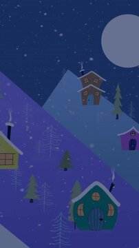 Animation of purple light trails and snow falling over winter landscape with copy space