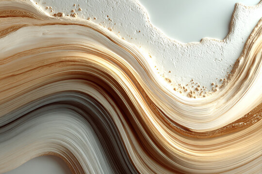 Abstract Coffee Latte Art Texture Background, Close-up Foam Bubbles And Liquid Waves, Crema Swirls On White Surface, Soft Light Food Photography