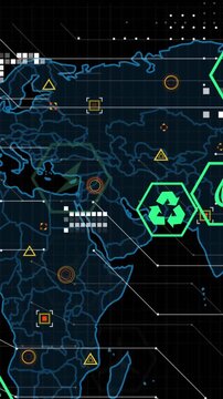 Animation of multiple digital icons over world map and data processing against black background