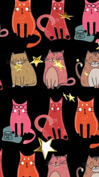 Animation of stars over multiple drawing of cats against abstract background