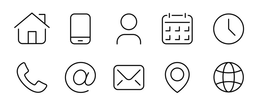 Essential business contact and navigation icon set. Minimalist linear symbols for home, smartphone, user profile, calendar, clock, phone, email, envelope, location pin, and website globe.