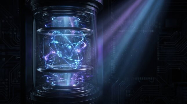 Futuristic glowing plasma reactor with blue energy beams in dark laboratory.