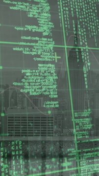 Animation of data processing over grid network against aerial view of cityscape