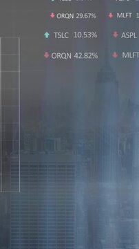 Animation of statistical and stock market data processing against aerial view of cityscape