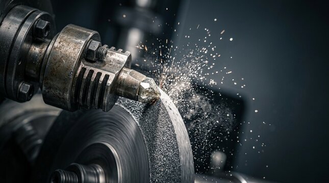 Metalworking machine grinding metal with sparks flying, industrial detail