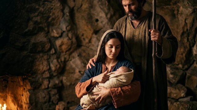 saint joseph and virgin mary holding newborn jesus christ in a rocky cave during the christmas nativity scene with warm firelight illuminating the holy family holy week easter story