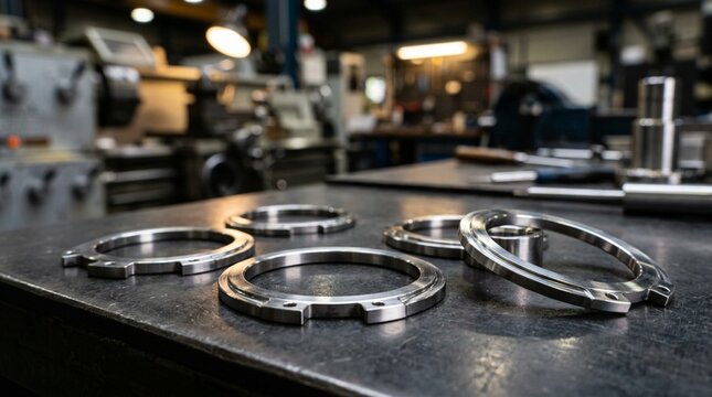 Precision Metal Parts on Workshop Bench - Manufacturing Industry Focus