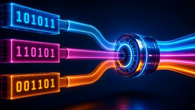 3D render of binary code blocks transferring data through glowing blue pink and orange fiber optic cables into a central processing hub