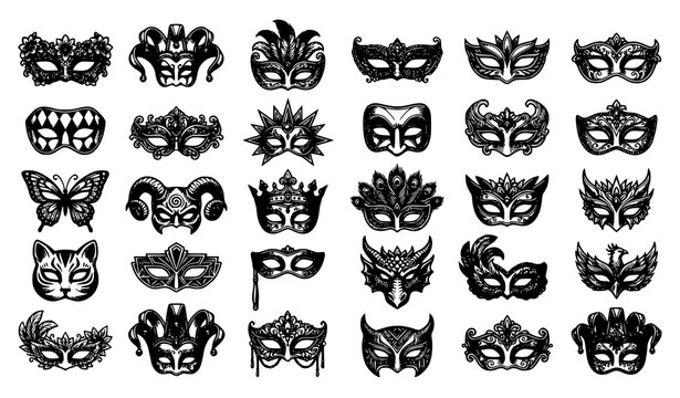 Fantasy Masquerade Mask Collection Hand Drawn Sketch Illustration Featuring Dragon Cat Devil Jester and Venetian Style Masks Black and White