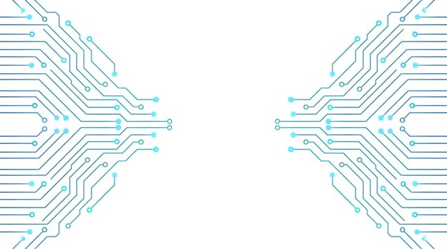 Futuristic blue circuit board traces converging toward center on white background
