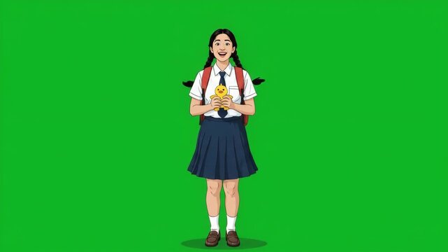 Happy young student girl in school uniform holding a small yellow object on a green screen background, ready for school.