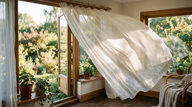 Sheer curtain billowing in sunlight through open window with garden view