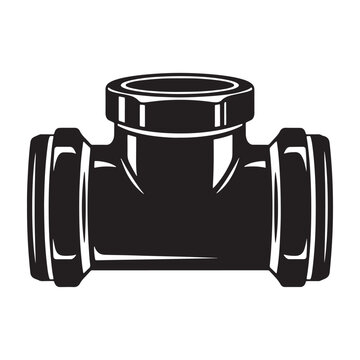 A black and white of a plumbing t-shaped pipe fitting or connector, isolated on a white background