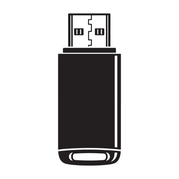 A black silhouette of a usb flash drive, isolated on a white background, showing the connector plug and a rectangular storage body shape