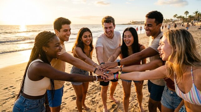 Diverse friends stacking hands on beach at sunset, unity and friendship concept