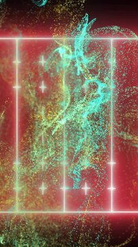 Animation of yellow and blue particle wave over pink neon rugby pitch on black background