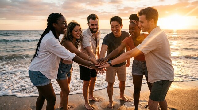 Diverse friends unite hands on beach at sunset, celebrating friendship and joy
