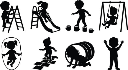 Obraz premium Children Playground Activity Silhouettes Featuring Swing Slide Balance and Outdoor Games