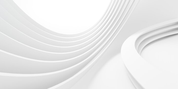Modern white abstract background with sweeping circular curves and copy space for tech or architectural mockups.