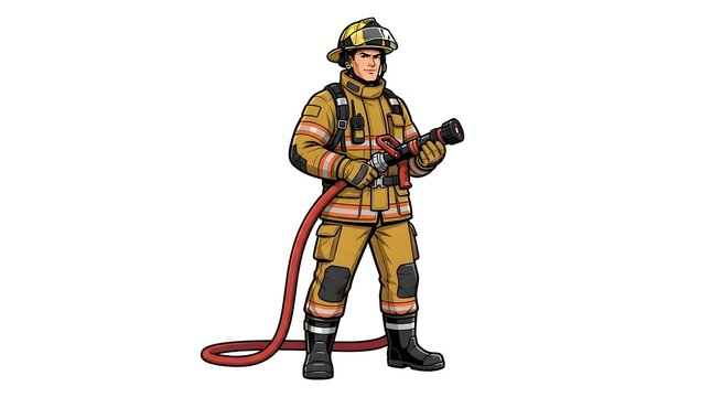 Brave male firefighter in full protective yellow uniform and helmet holding a fire hose. Emergency rescue worker vector illustration on white.