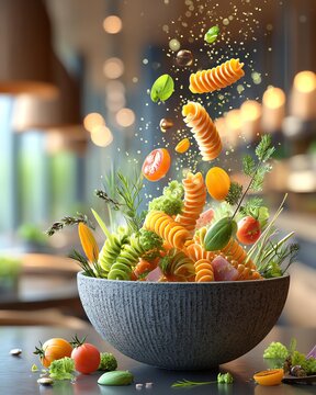 Colorful pasta and vegetables in a vibrant bowl.