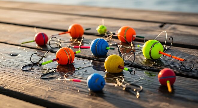 Colorful Fishing Floats and Sharp Hooks Arranged on a Wet Wooden Dock at Golden Hour