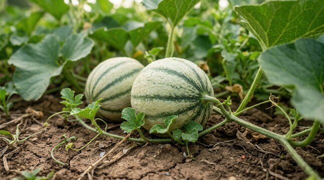 Close up photo of young green melon fruit in a farm garden