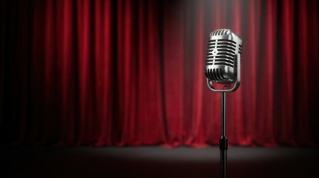 Comedian show banner featuring an old microphone on theater stage against red curtains.