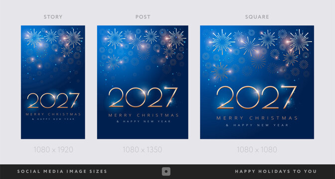 Happy New Year 2027 and Merry Christmas corporate blue social media backgrounds with fireworks - Templates for company marketing stories, portrait, square posts