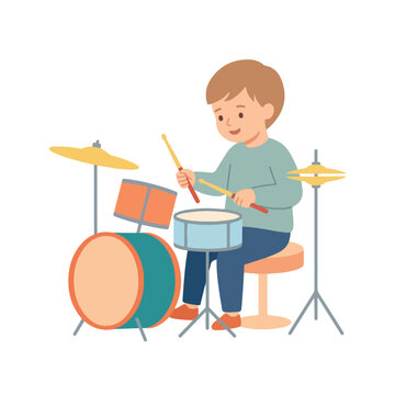 A cute young boy sits on a stool and happily plays a colorful drum set with drumsticks in a vector illustration.