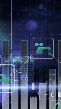 Animation of financial data with environmental icons overlaying cityscape and graphs