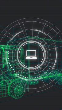 Animation of futuristic digital interface with truck hologram and tech icons
