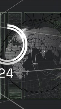 Animation of digital interface with world map, data graphs, number 142 highlighted