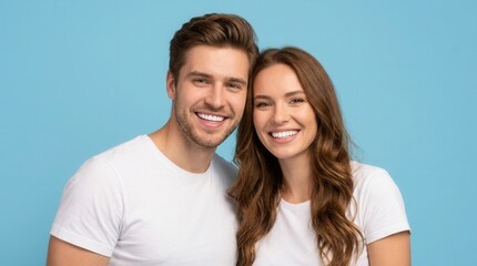 Fototapeta premium Against a blue background, a smiling young caucasian couple poses for a portrait.