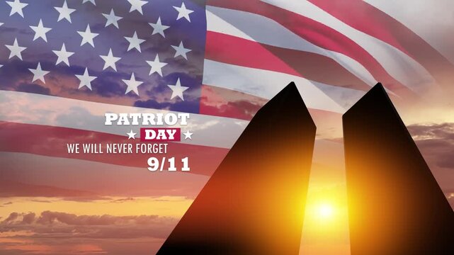 Silhouette of Towers and USA flag at sunset. 09.11.2001 American Patriot Day video. Video with inscription.