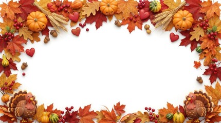 Fototapeta premium A beautiful festive frame featuring autumn falling maple leaves isolated on white background with small decorative pumpkins and seasonal foliage for your holiday design project