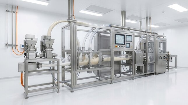 Integrated blending and granulation within a continuous tablet manufacturing line for pharmaceutical direct compression powder flow.