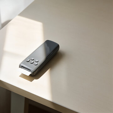 Portable handheld label printer on a clean desk with natural sunlight and soft shadows