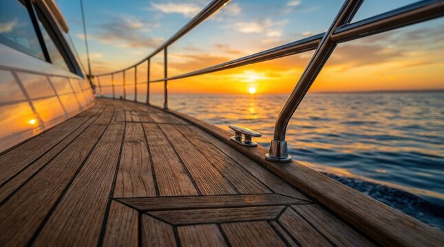 Beautiful wooden teak deck on a luxury private yacht sailing across calm blue ocean water during a spectacular golden summer sunset, close up view