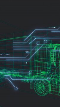 Animation of futuristic truck with digital wireframe and data processing elements