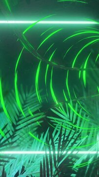 Creating futuristic vibe, neon green geometric shapes with palm leaves animation