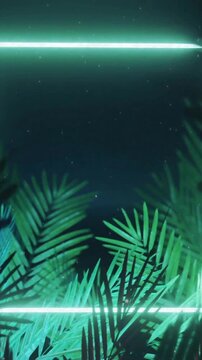 Glowing neon square with tropical palm leaves in dark atmosphere