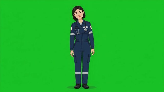Female paramedic in uniform standing against a green screen, ready to assist with medical emergencies and provide care.