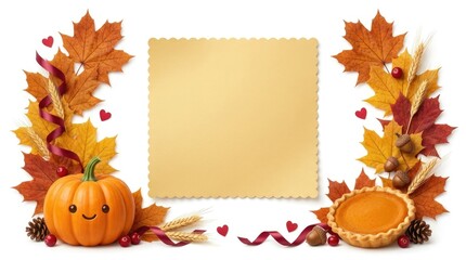 Fototapeta premium A festive seasonal composition featuring autumn falling maple leaves isolated on white background with a blank paper space for text and decorative pumpkins and pie