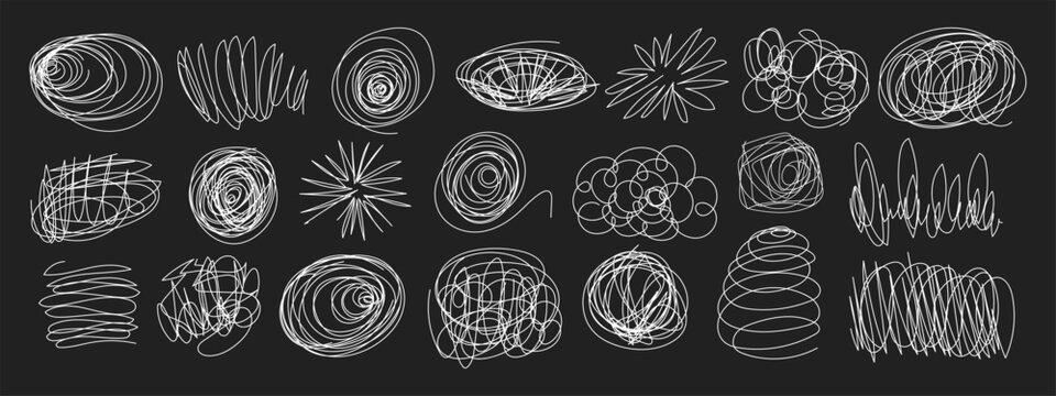 Messy pen doodles and scribbles create chaotic hand-drawn lines vector illustration set. Perfect notebook design, journal frames, creative graphic element authentic handwritten texture collection.