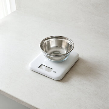 Digital kitchen scale with metal bowl on a clean white countertop for food preparation