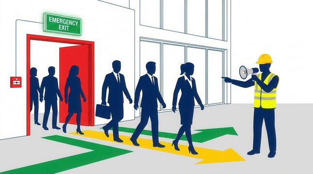Group of people exiting a building during a fire drill with a warden providing directions on fire safety procedures and equipment.
