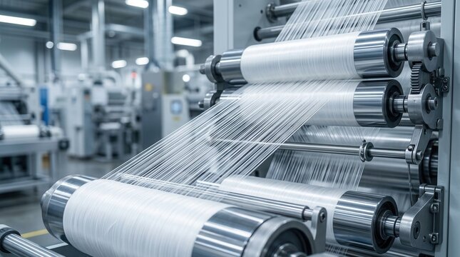 Precision manufacturing of fine polyester staple fibers shown in a medium closeup shot on automated lines.