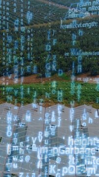 Animation of digital code overlaying aerial view of greenhouses and fields